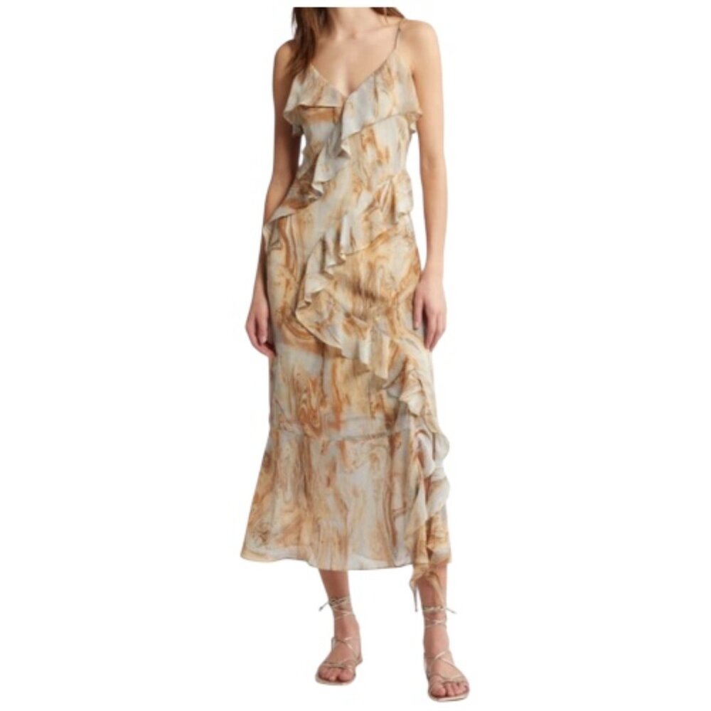 Beige Marble Print Ruffle Maxi Dress – Flowy Long Dress